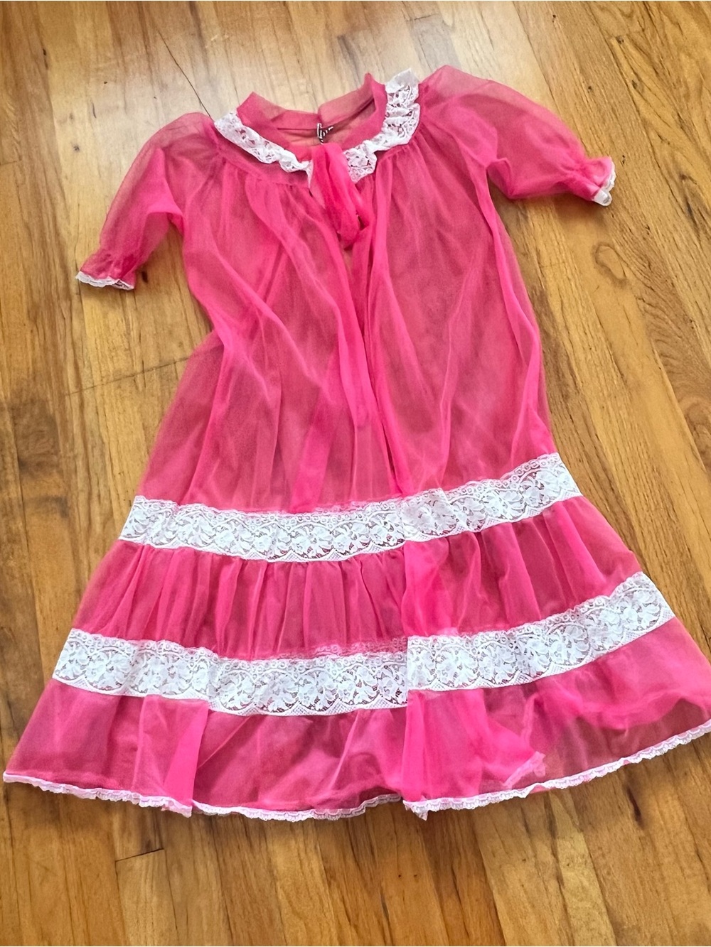 Vintage Sheer Hot Pink Lace-Trim Nightgown Robe